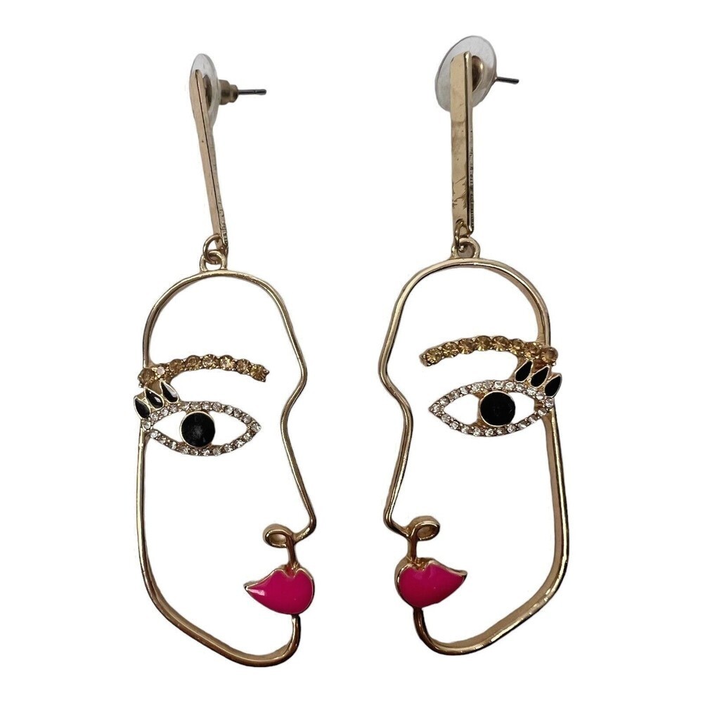 Abstract Face Earrings Wire Face Dangle Earrings Color Gold with Stones